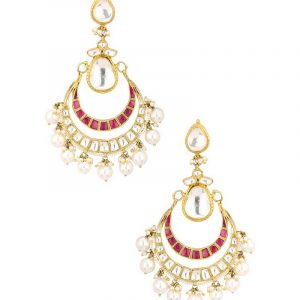 White & Pink Jadtar Studded Chandbali