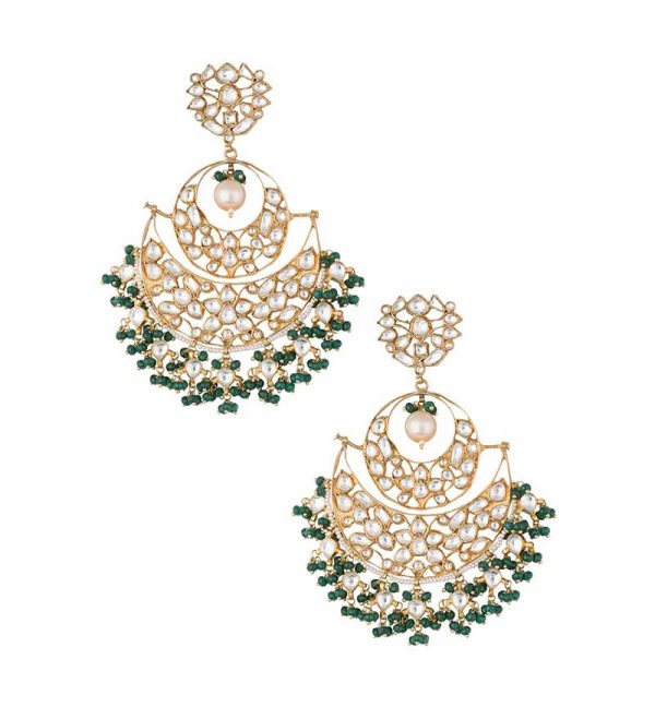 White Jadtar & Green Beads Chandbalis