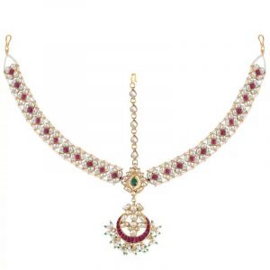 white & Pink Jadtar & Beads Studded Bridal Matha patti Buy Online