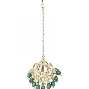 White Jadtar and Green Pearl Studded Kundan Maang tikka