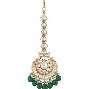 White Jadtar and Green Pearl Studded Bridal Maang tikka