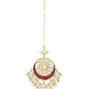 White and Maroon Jadtar Studded Gold Plated Maang tikka Jewellery