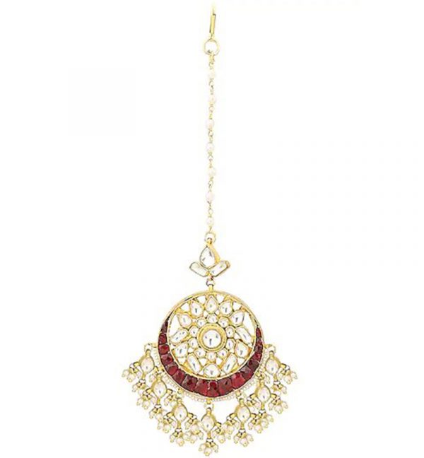 White and Maroon Jadtar Studded Gold Plated Maang tikka Jewellery