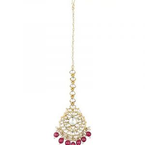 White Jadtar and Maroon Pearl Studded Maang tikka Jewelry