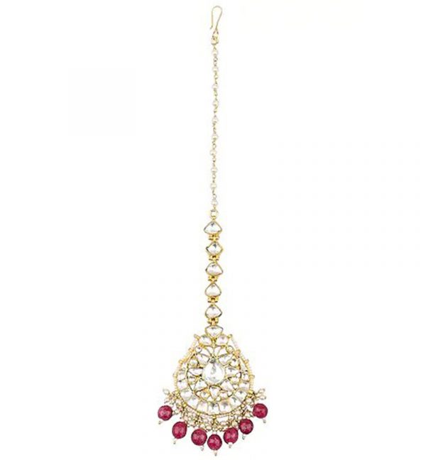 White Jadtar and Maroon Pearl Studded Maang tikka Jewelry