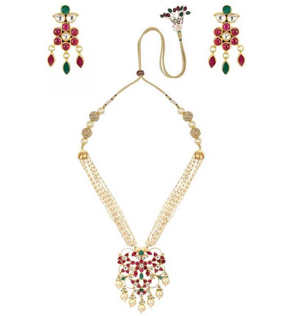 Mutlicolored Jadtar Stone and Pearl Neclace with Earrings
