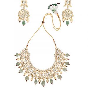 Sea green and white jadtar and pearl studded necklace set