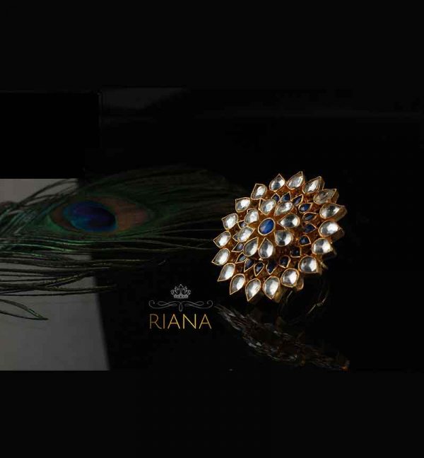 Royal looking white and blue jadtar studded Ring
