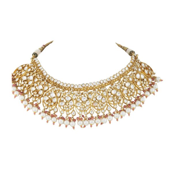 WHITE SMALL STONE OVAL MOTIVES NECKLACE SET WITH PEARL AND LIGHT PINK  HANGINGS