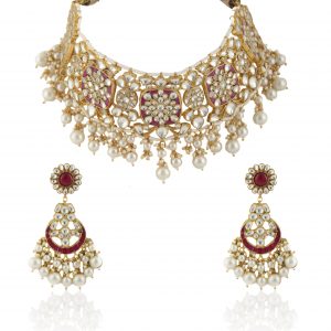 Pink Jadtar Heavy Gold Plated Necklace Set