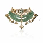 WHITE CHOKER SET ATTACHED  IN 8 LINE SEA GREEN BEADS WITH GREEN HANGING
