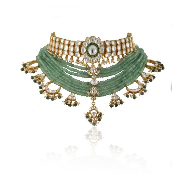 WHITE CHOKER SET ATTACHED  IN 8 LINE SEA GREEN BEADS WITH GREEN HANGING