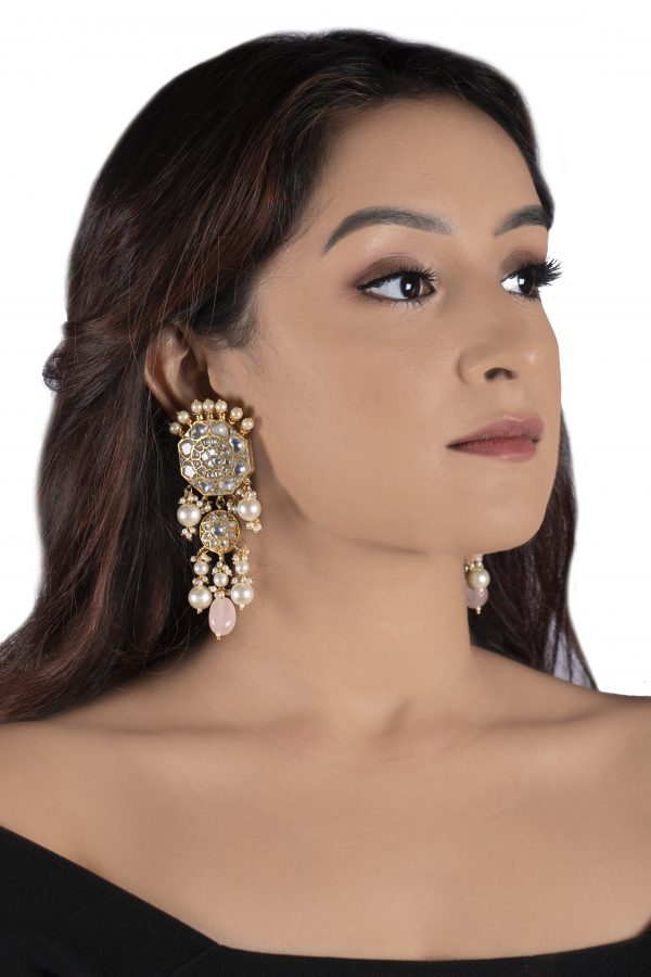 WHITE JADTAR STONE NECKLACE SET LIGHT PINK BEADS WITH PERAL