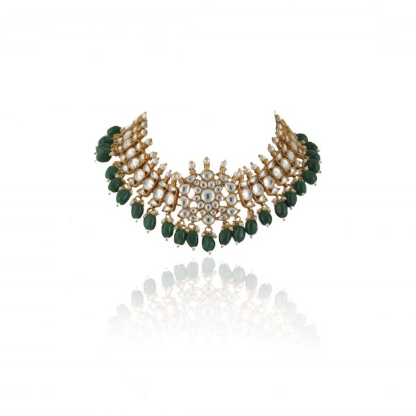 WHITE STONE NECKLACE SET WITH GREEN BEADS