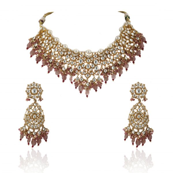 Brown color Jadtar Gold Plated Bridal Necklace