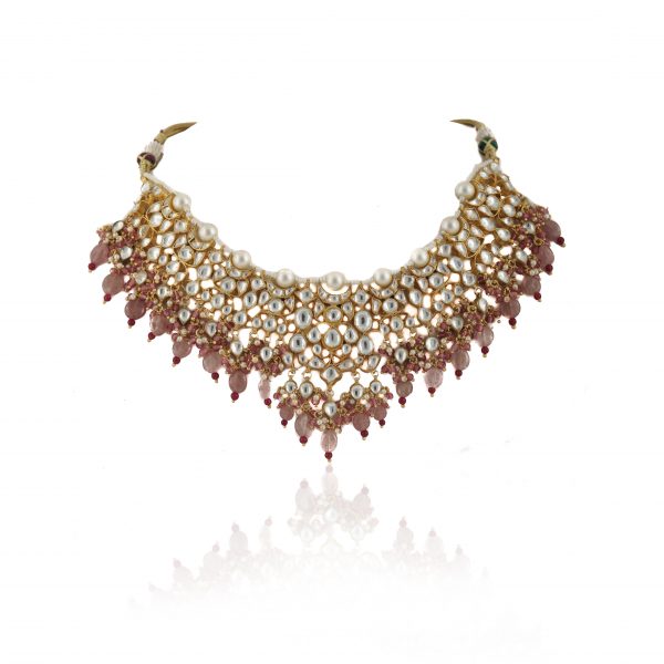 Brown color Jadtar Gold Plated Bridal Necklace