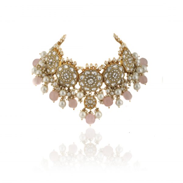 WHITE JADTAR STONE NECKLACE SET LIGHT PINK BEADS WITH PERAL
