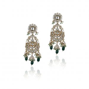 GREEN BEADS WHITE FLOWER STONE WORK LONG EARRING