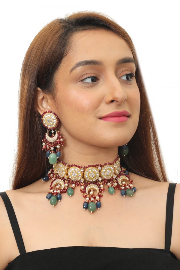 RED MOTI WORK WITH JADTAR STONE NECKLACE SET N WITH SEA GREEN BEADS AND BLUE BEADS