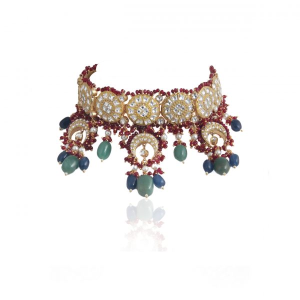 RED MOTI WORK WITH JADTAR STONE NECKLACE SET N WITH SEA GREEN BEADS AND BLUE BEADS