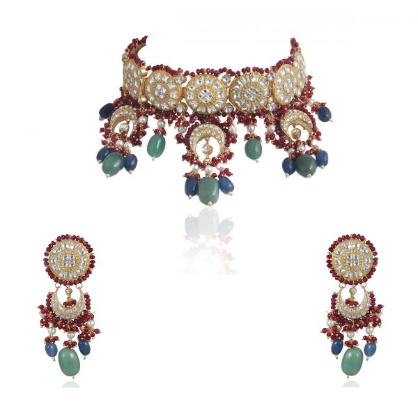 RED MOTI WORK WITH JADTAR STONE NECKLACE SET N WITH SEA GREEN BEADS AND BLUE BEADS