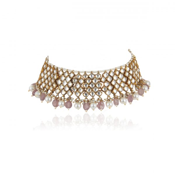 White Stone And  Light Pink Beads Choker Set