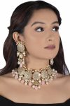 WHITE JADTAR STONE NECKLACE SET LIGHT PINK BEADS WITH PERAL