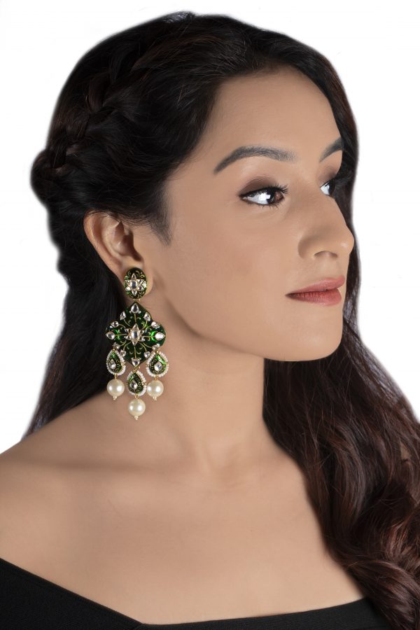GREEN MEENA WORK EARRING WITH PEARL