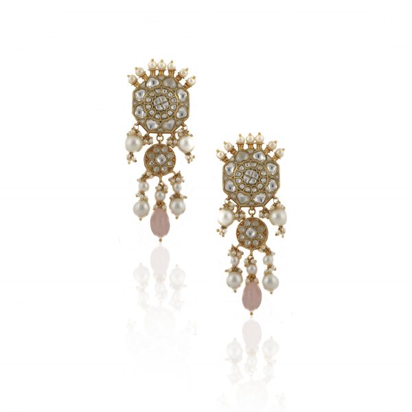 WHITE JADTAR STONE NECKLACE SET LIGHT PINK BEADS WITH PERAL