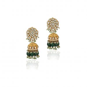 JADTAR STONE EARRINGS WITH JHUMKIS IN PEARLS AND GREEN