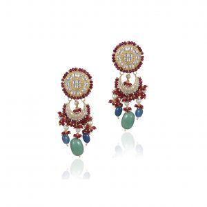RED AND BLUE BEADS WHITE JADTAR STONE EARRING AND SEA GREEN BEADS