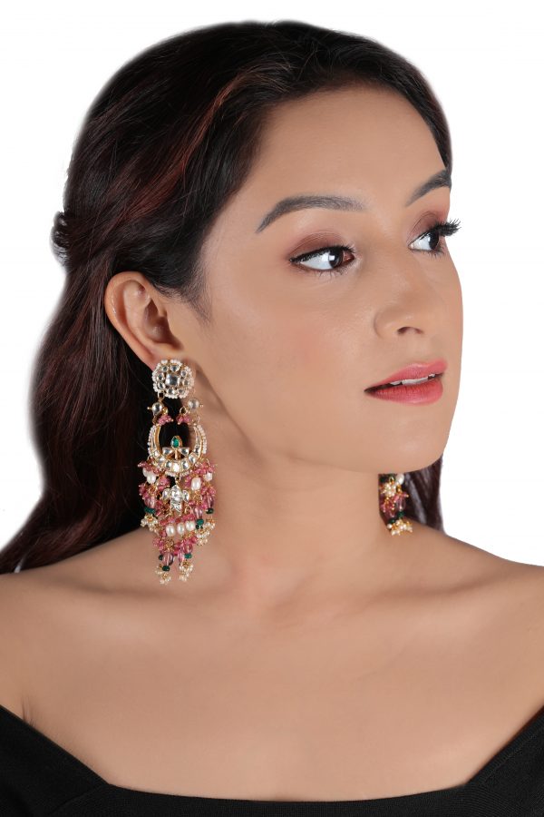 SMALL CHAND BAALIS EARRINGS WITH LIGHT PINK BEADS AND SMALL GREEN BEADS