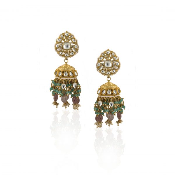JHUMKI IN MOTI WORK AND PASTEL PINK BEADS WITH LIGHT GREEN HANGINGS