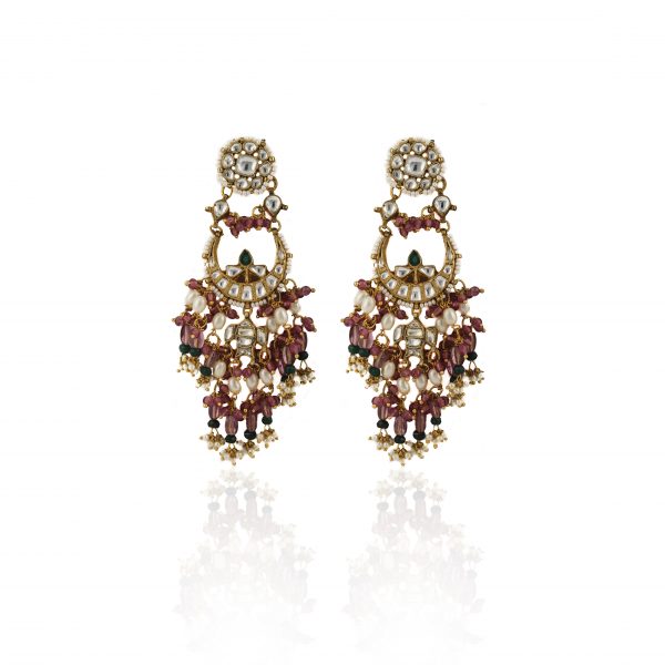 SMALL CHAND BAALIS EARRINGS WITH LIGHT PINK BEADS AND SMALL GREEN BEADS