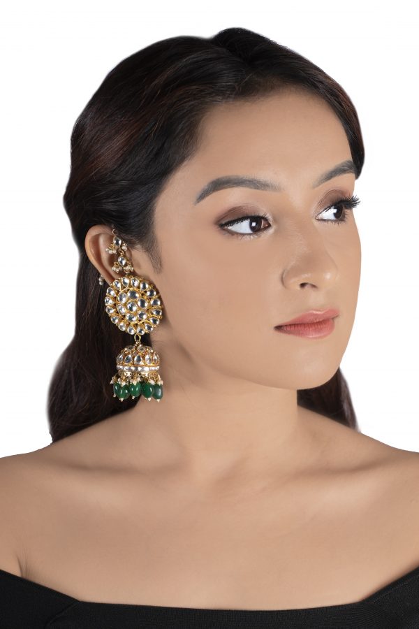 WHITE ROUND BIG TOPS WITH JHUMKI WITH GREEN BEADS WITH ATTECHED