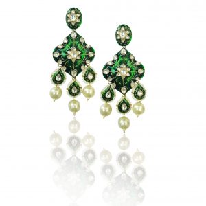 GREEN MEENA WORK EARRING WITH PEARL