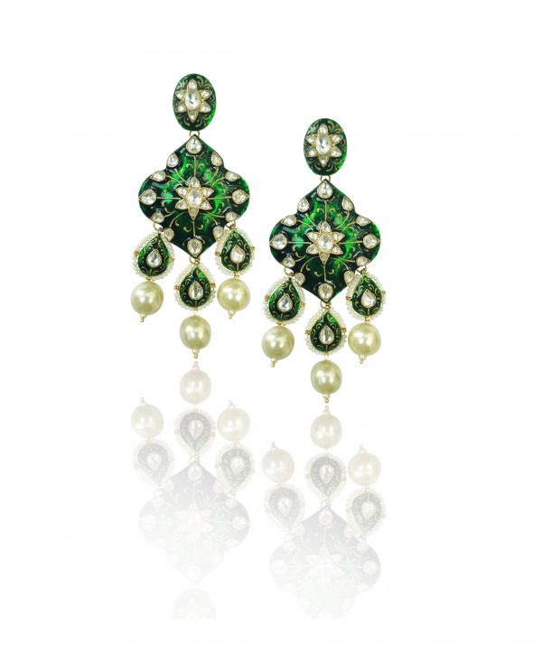 GREEN MEENA WORK EARRING WITH PEARL