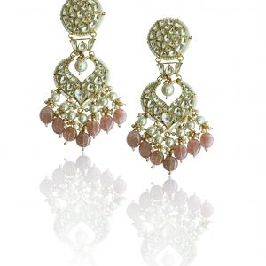 WHITE JADTAR STONE EARRINGS WITH 2 LAYER PEARL PESTLE PINK BEADS 