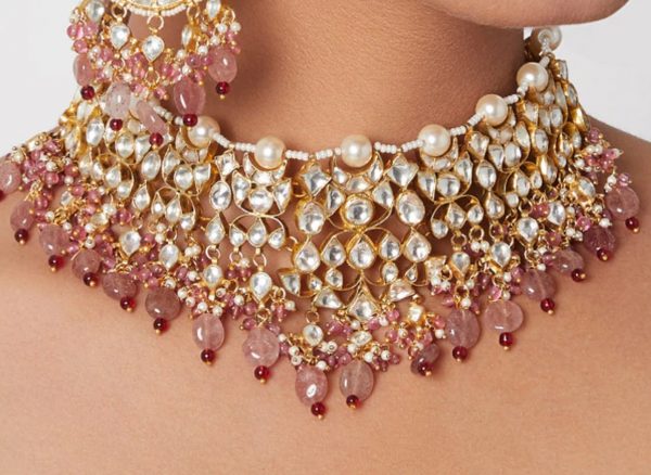 Brown color Jadtar Gold Plated Bridal Necklace