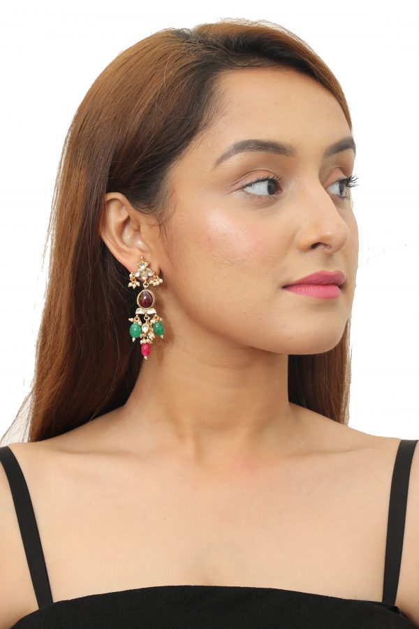GREEN,PINK & BROWN THREE COLOUR EARRING WITH WHITE JADTAR STONE