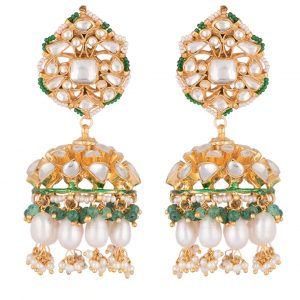 Jhumki earrings with white jadtar stones , beaded with pearls and emerald beads