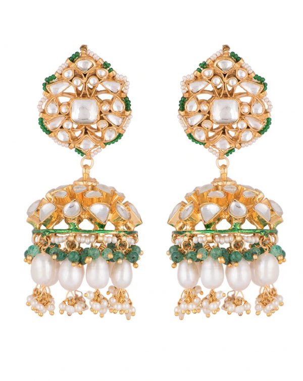 Jhumki earrings with white jadtar stones , beaded with pearls and emerald beads