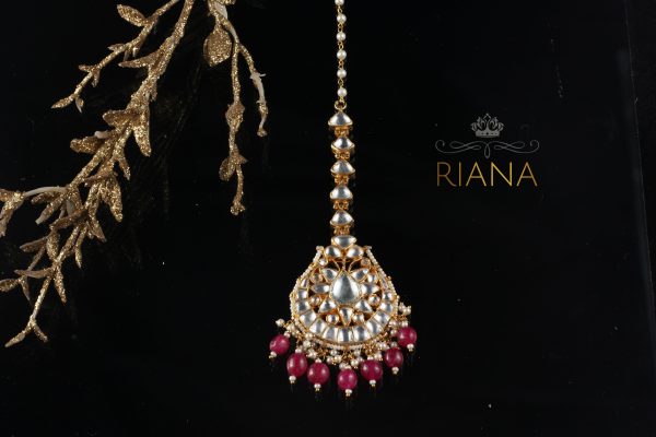 White Jadtar and Maroon Pearl Studded Maang tikka Jewelry