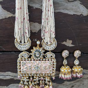 GOLD PLATED PASTEL PINK MEENA WORK PENDANT SET