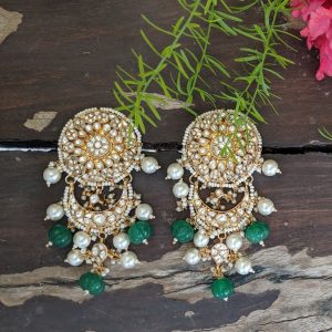 ROUND EARRINGS STUDDED WITH WHITE JADTAR STONES AND WHITE PEARL AND GREEN BEAD HANGINGS