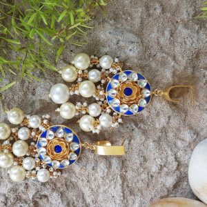 BLUE STONE JADTAR EARRINGS WITH 2 LAYER PEARL BEADS