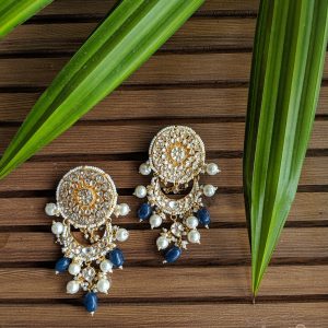 Gold Plated Blue and White Jadtar Stones Chandbali Earrings