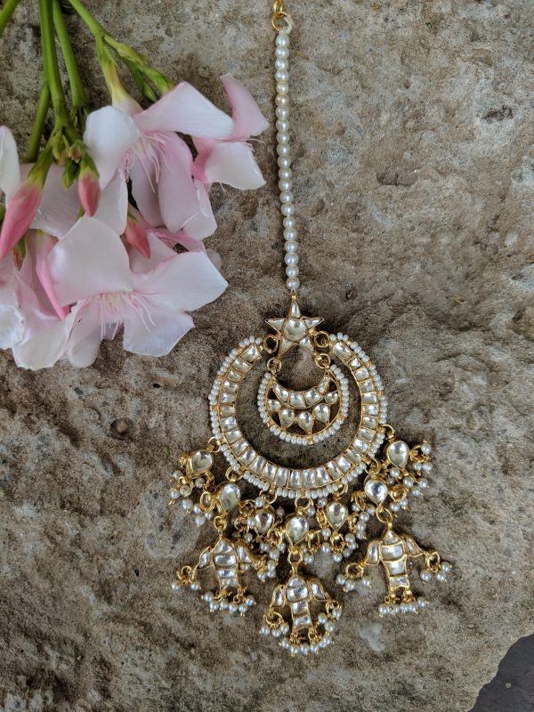 Gold Plated Kundan White Stones Crescent Maangtika