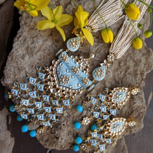 Gold Plated Pearls and firozi Blue Meena Pendant Necklace Set