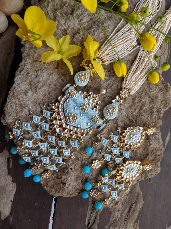 Gold Plated Pearls and firozi Blue Meena Pendant Necklace Set